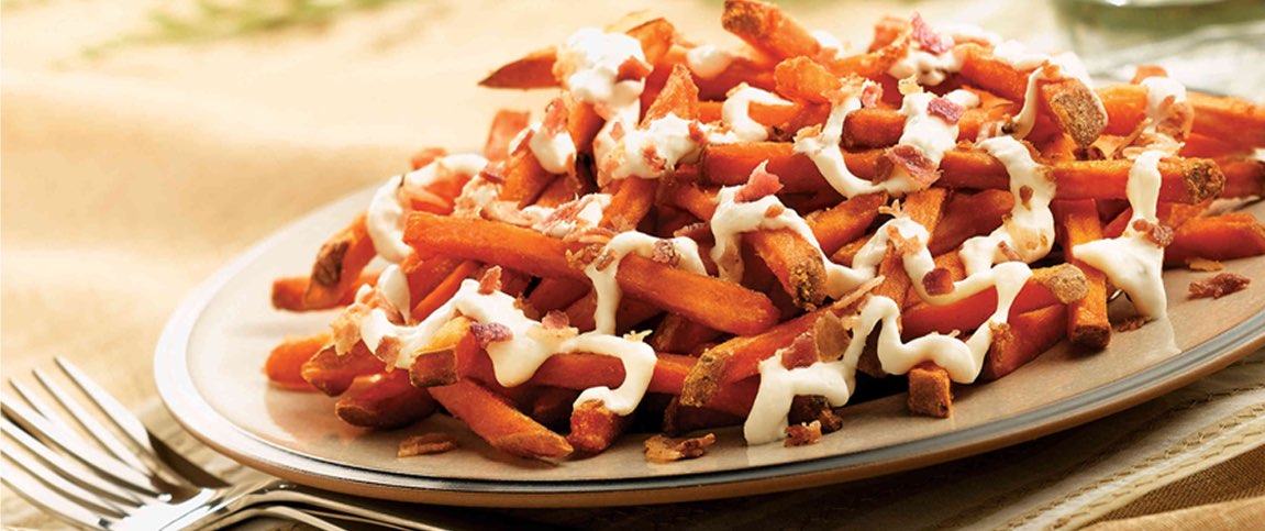 Smoked Bacon Sweet Potato Stix with AppleSour Cream Dip