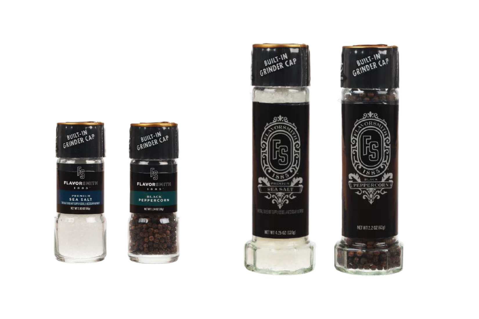 FlavorSmithTM Premium Mediterranean Sea Salt and Black Peppercorn Glass Grinders