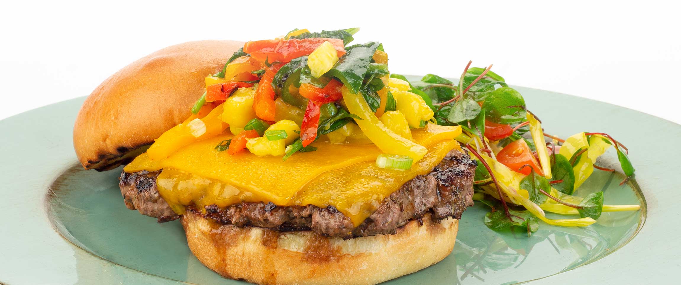 Burger Topped with Pepper Mango Salsa