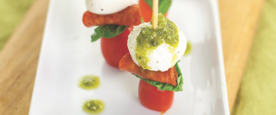 Pepperoni Caprese Poppers with Basil Pesto