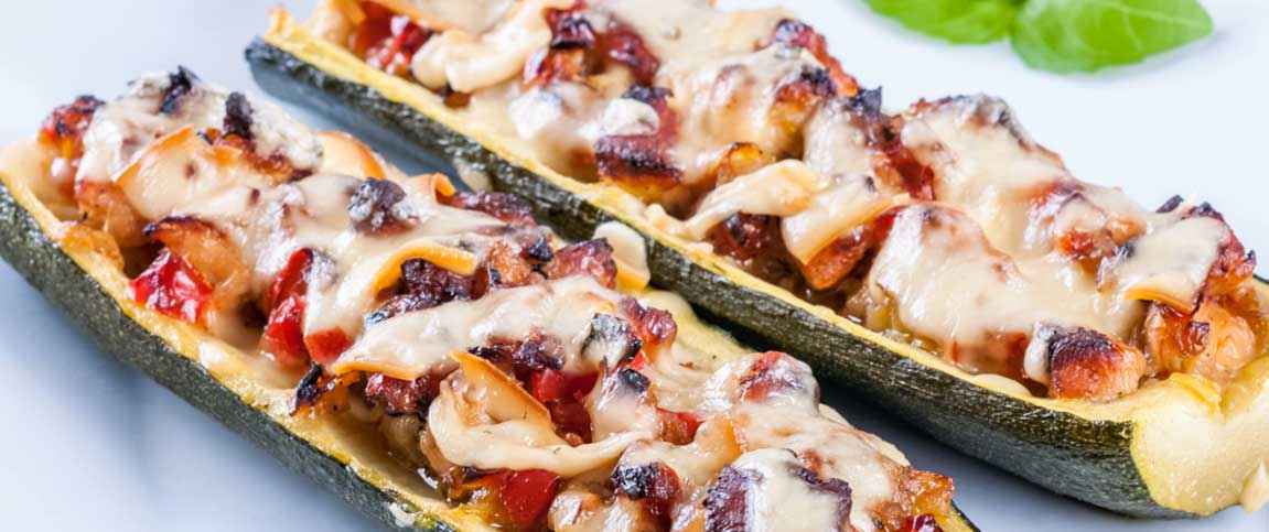 Cheese, Bacon, and Pepperoni Stuffed Zucchini