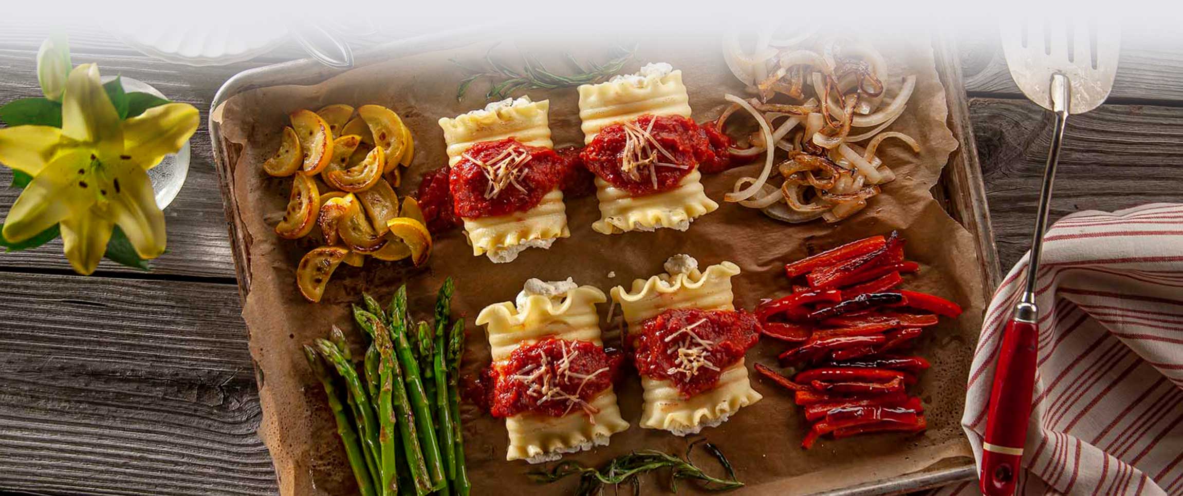 Sheet Pan Lasagna Cheese Rollettes with Chicken and Roasted Vegetables