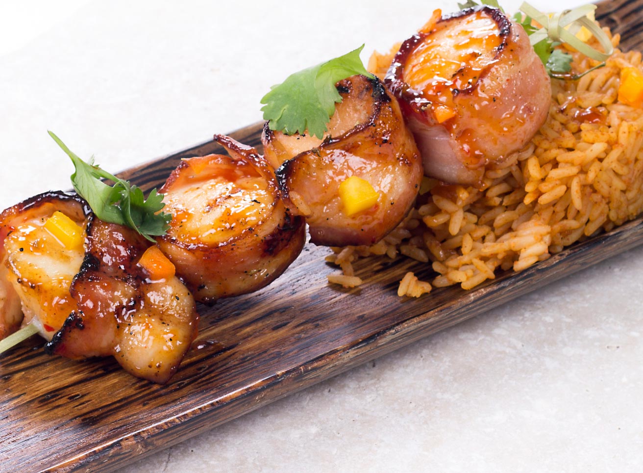 Bacon Wrapped Scallops with Jala-Mango Sauce